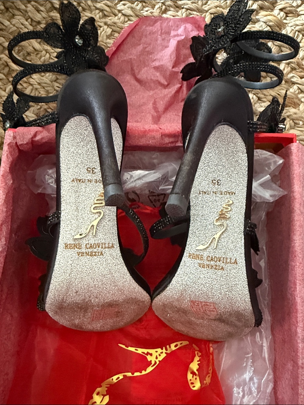 Rene Caovilla Floriane Black Sequin Flower Heels - Picture 3 of 6